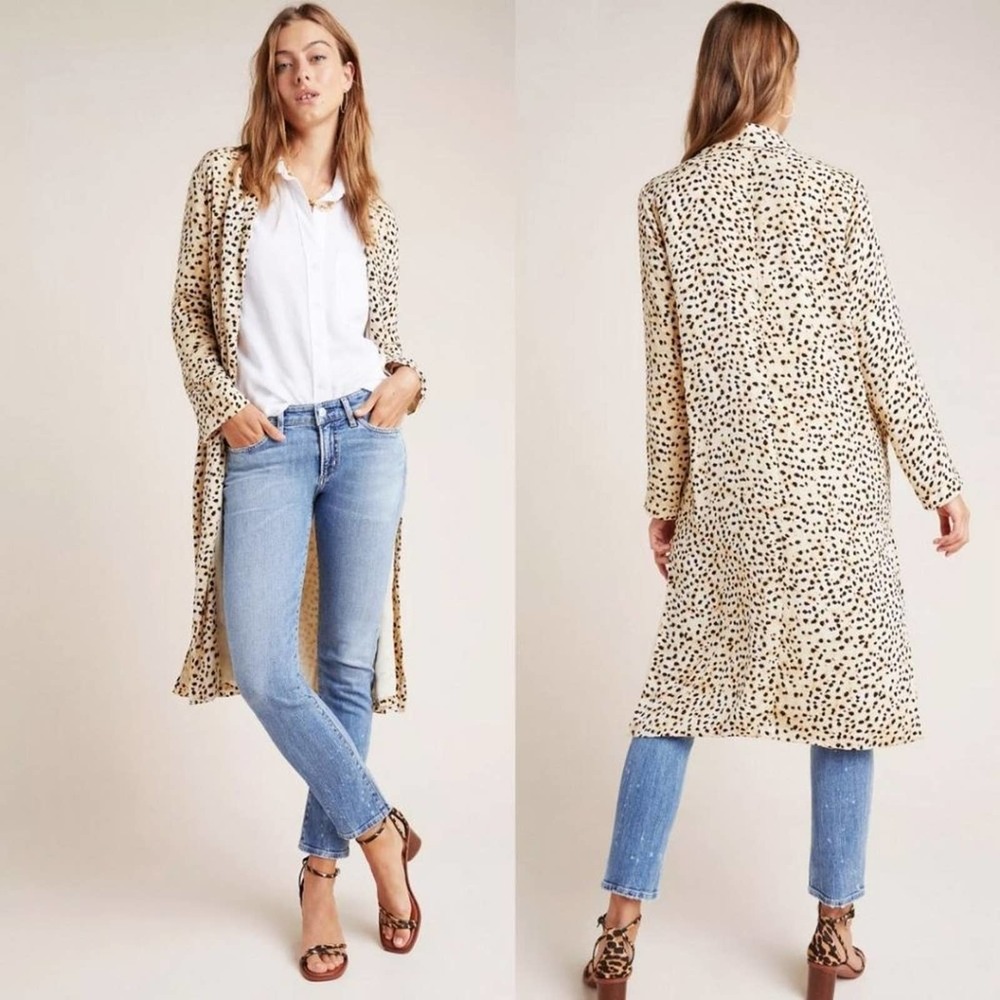 Anthropologie Cream Leopard-Print Long Cardigan